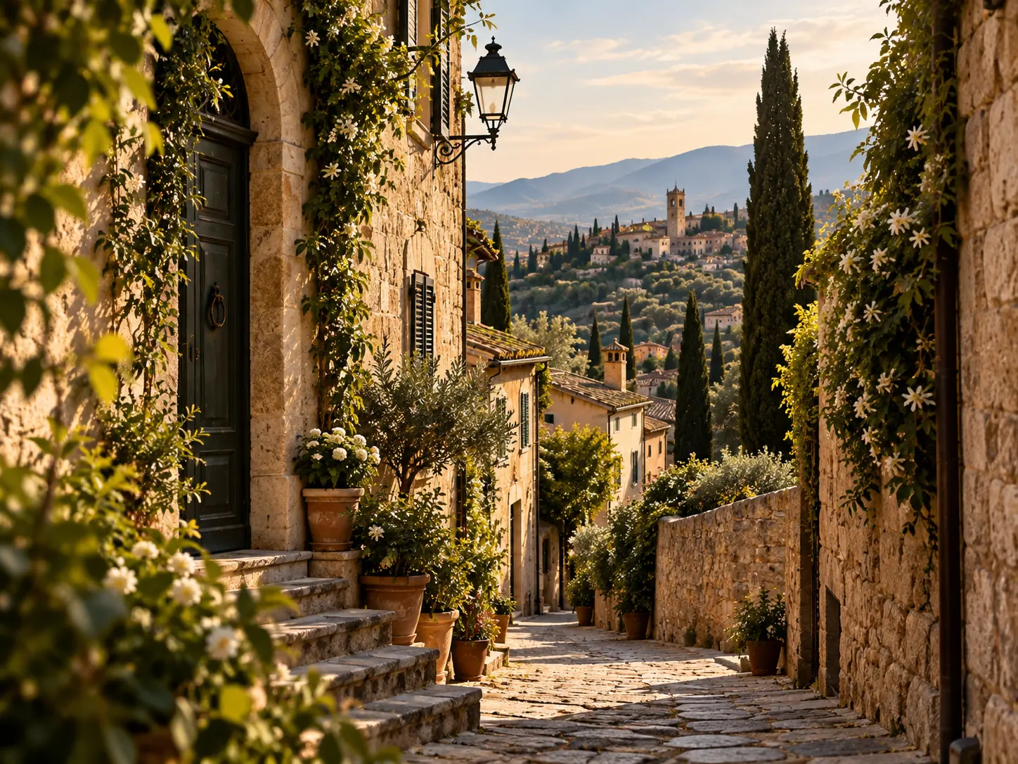 A hill town of stone houses and cypresses above a valley in evening light