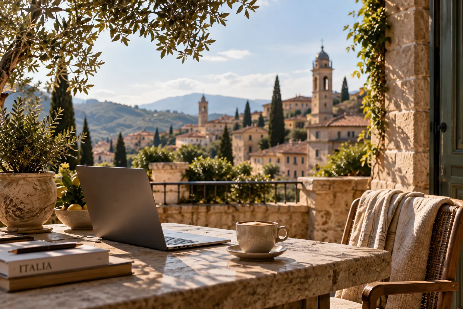 A terrace table set with coffee and olive branches, an Italian hill town beyond