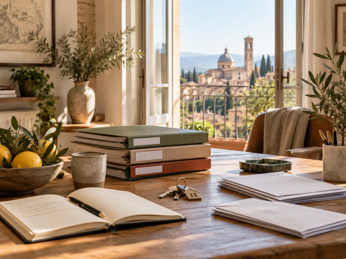 Labelled files, keys and papers on a sunlit desk, a hill town through the open window