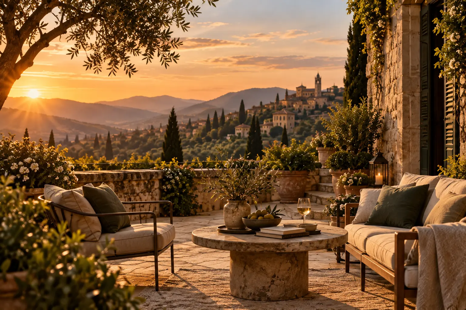 A colonnaded terrace with a sofa and low table, the sun setting over the hills