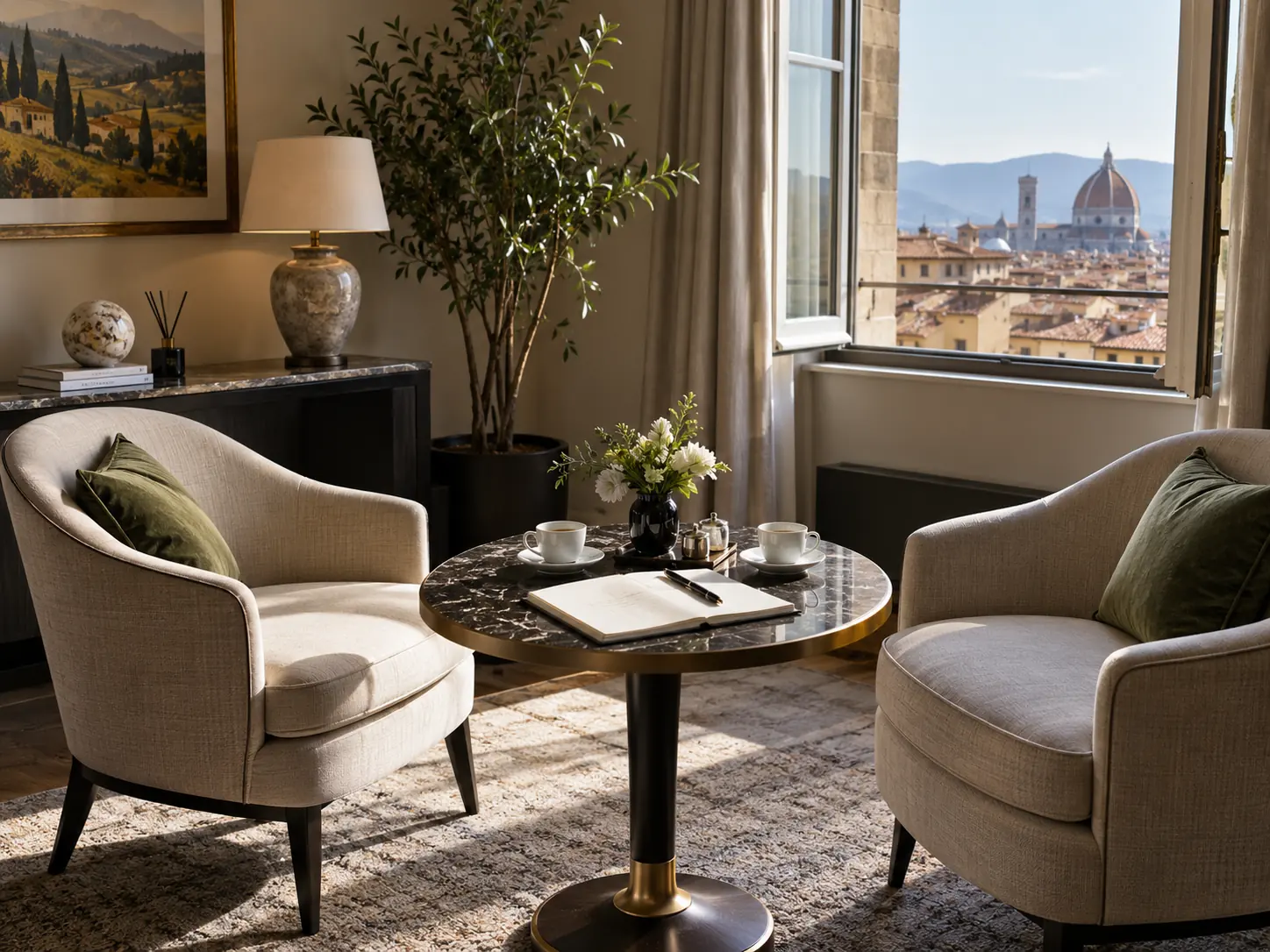 Two armchairs around a low table in a calm sitting room, a town beyond the window