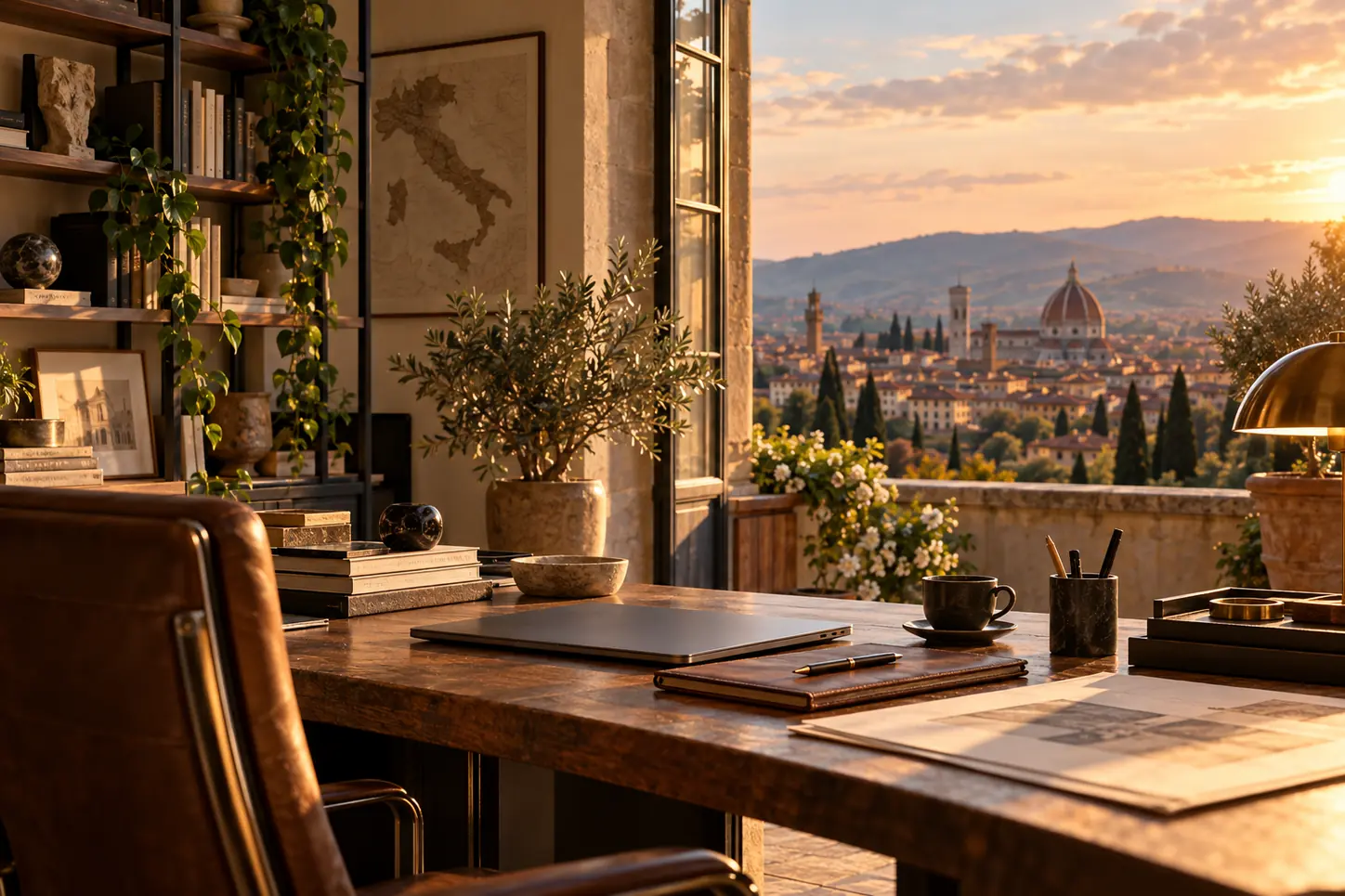 A study with a leather chair and a wall map of Italy, the Duomo through the window