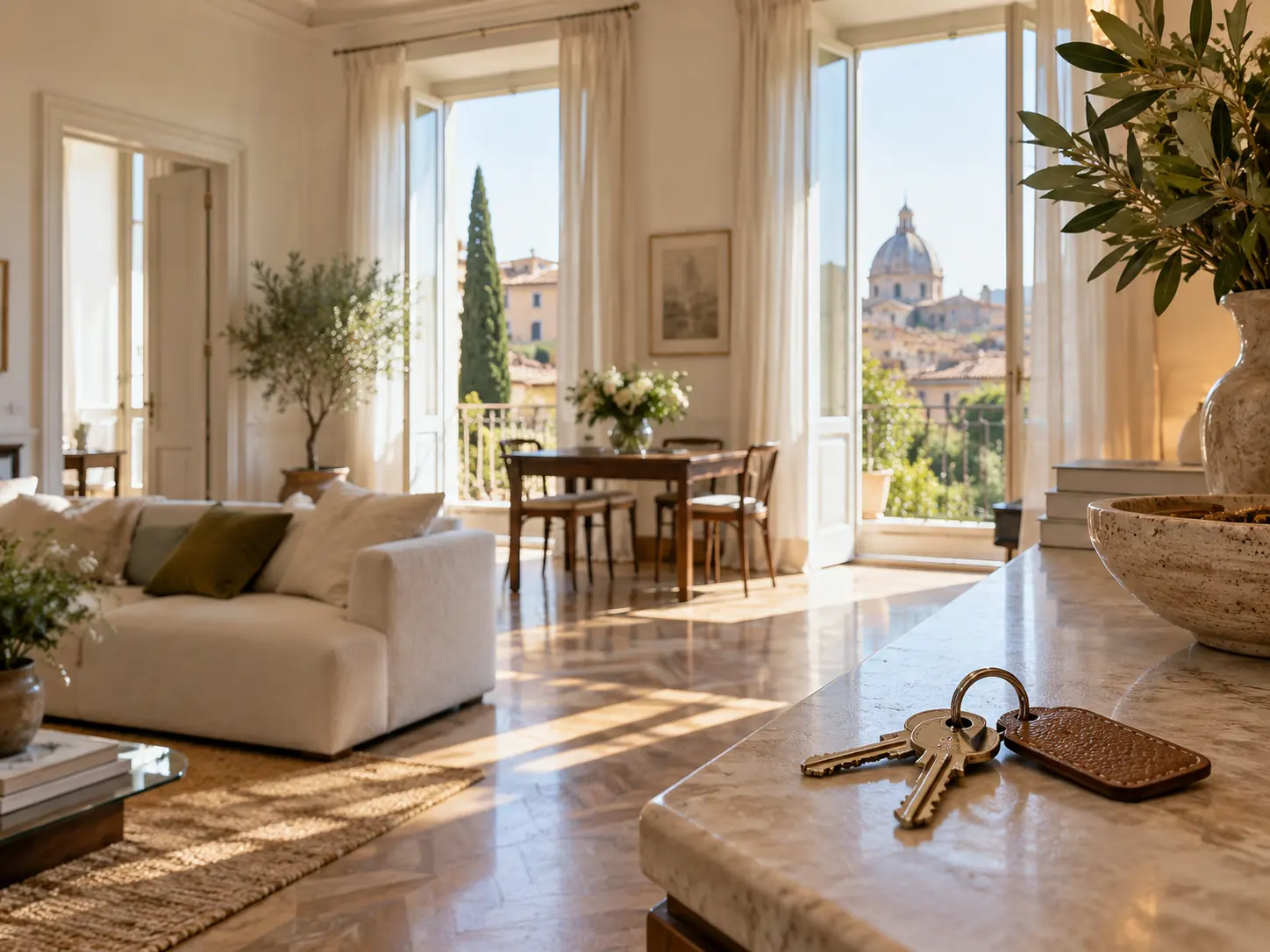A bright apartment interior with keys on the sill and a cathedral dome beyond
