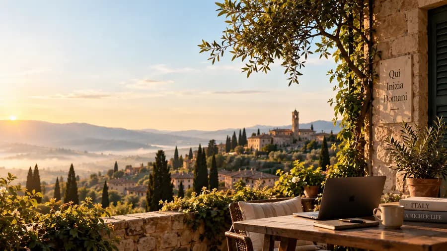 A terrace above an Italian hill town at first light