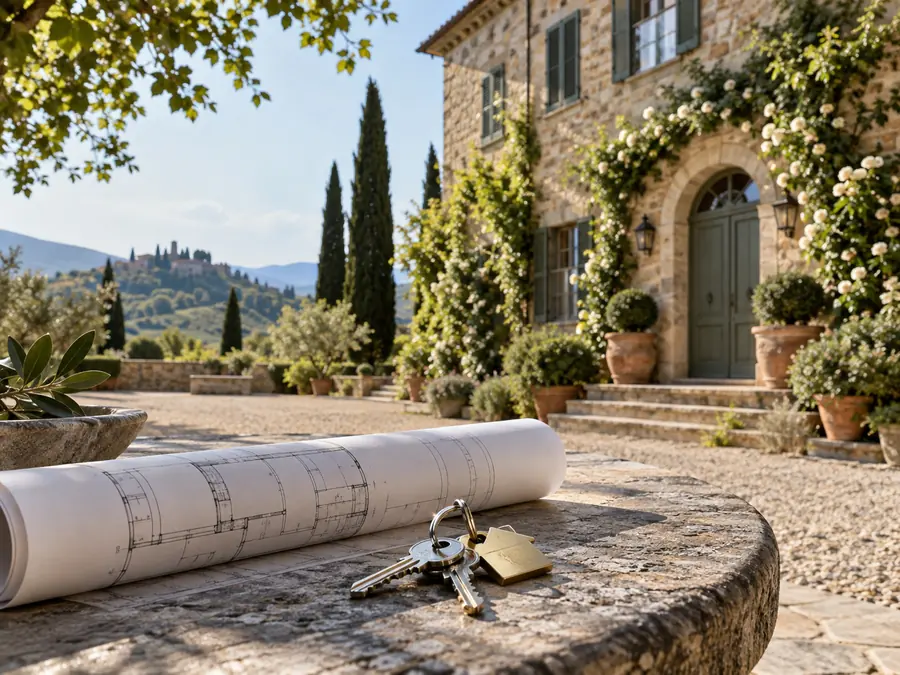 House keys and a rolled floor plan on a stone ledge by a garden gate