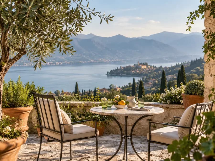 A table for two on a lakeside terrace among cypress trees