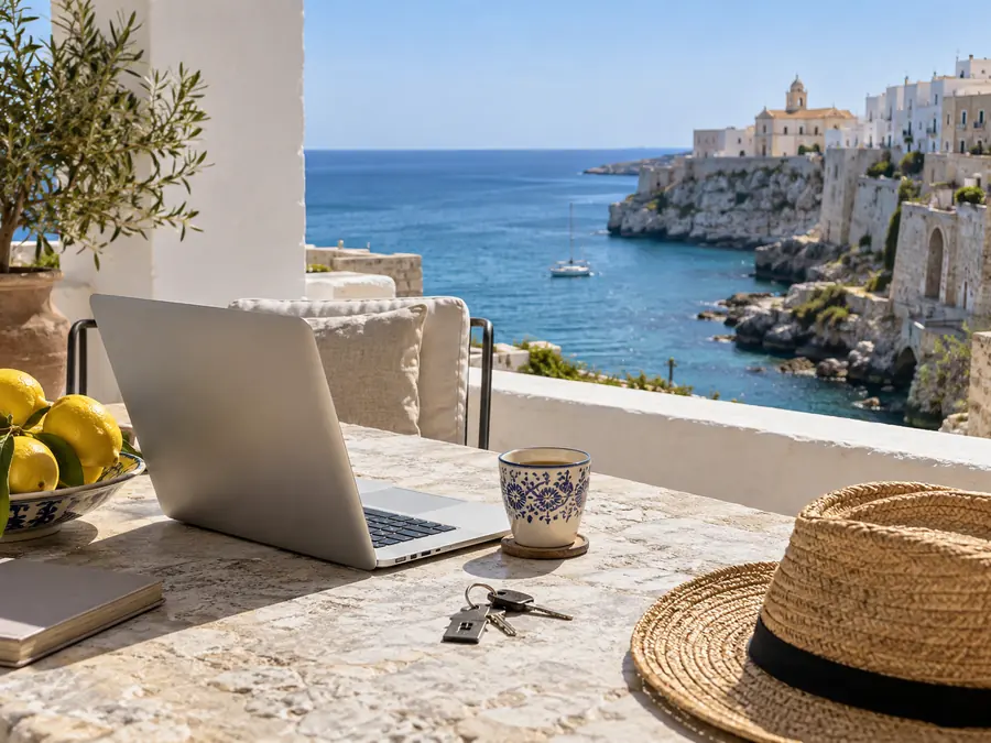 A laptop and a sun hat on a coastal terrace overlooking the sea