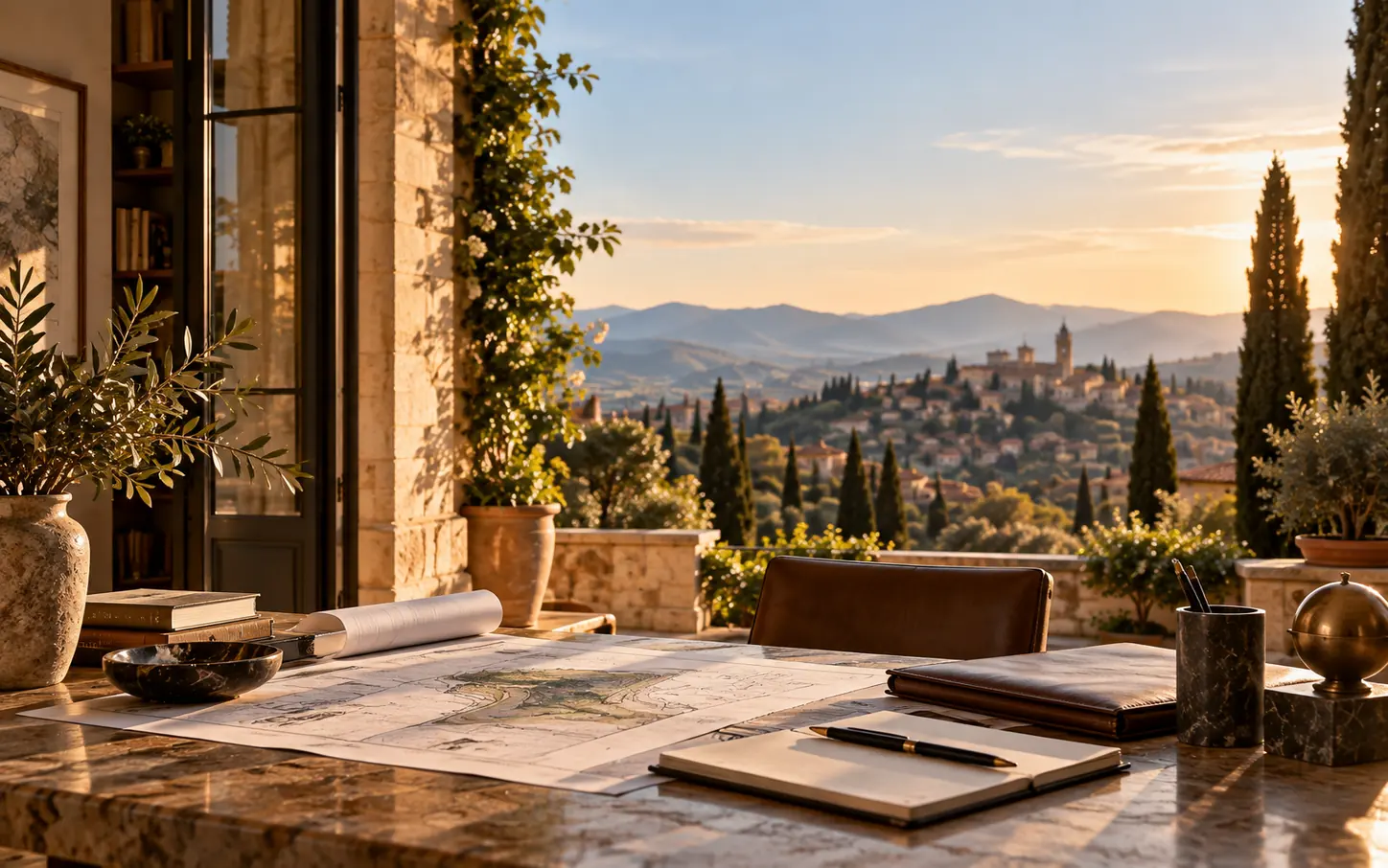A terrace table with a leather portfolio, an Italian hill town beyond