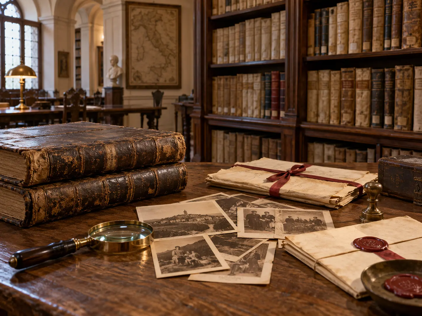 Leather-bound volumes, old family photographs and a magnifying glass on a desk