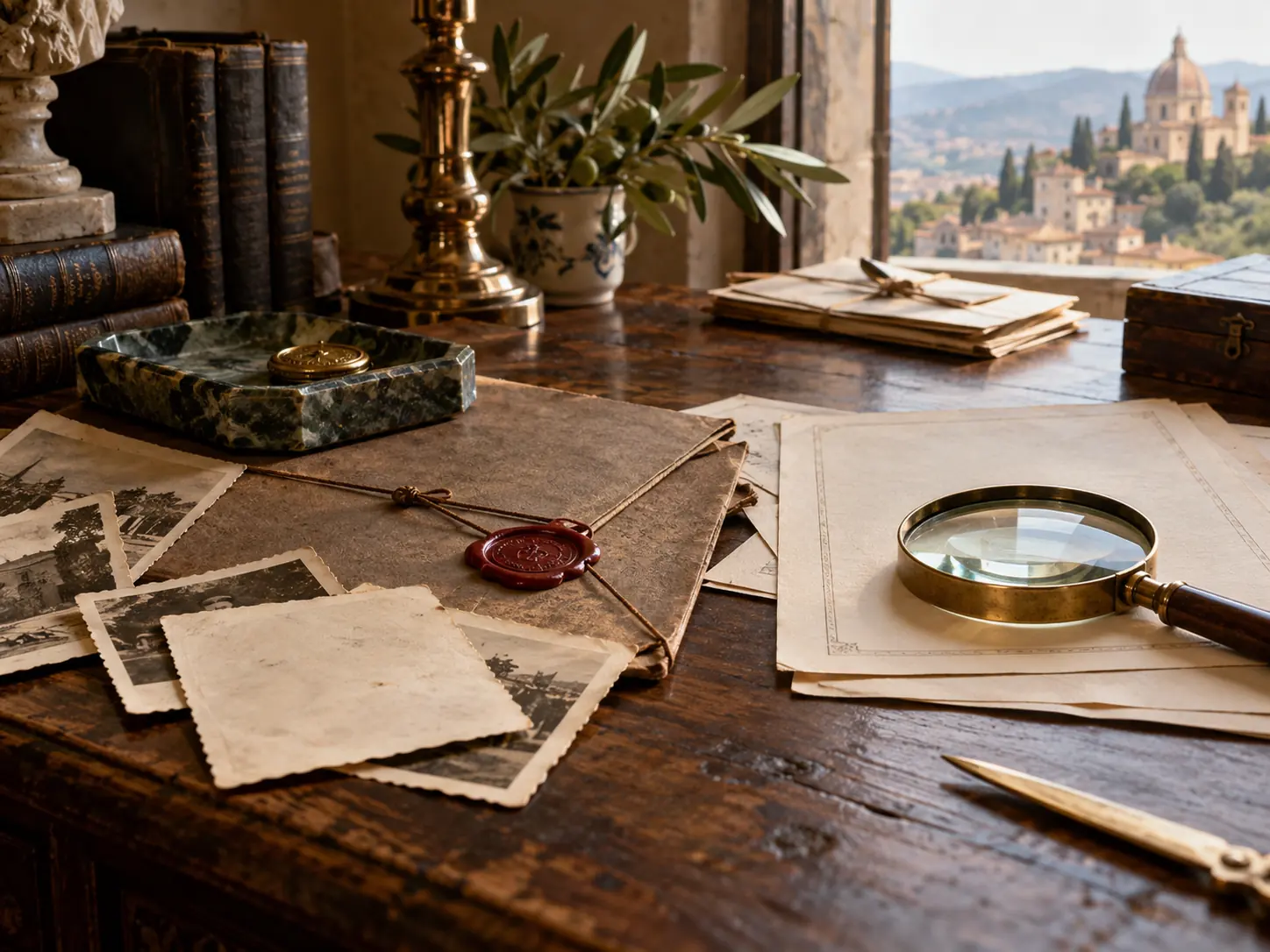 Old documents and photographs spread across a desk with a magnifying glass