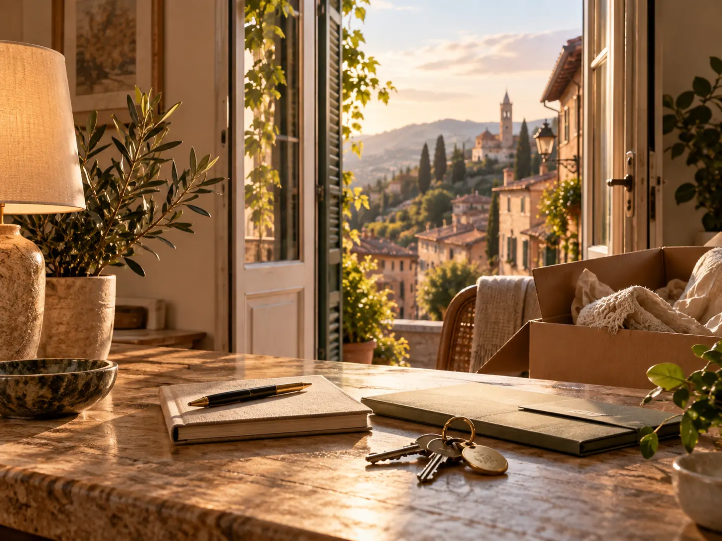 A console table with keys, a notebook and a lamp beside a window over the hills