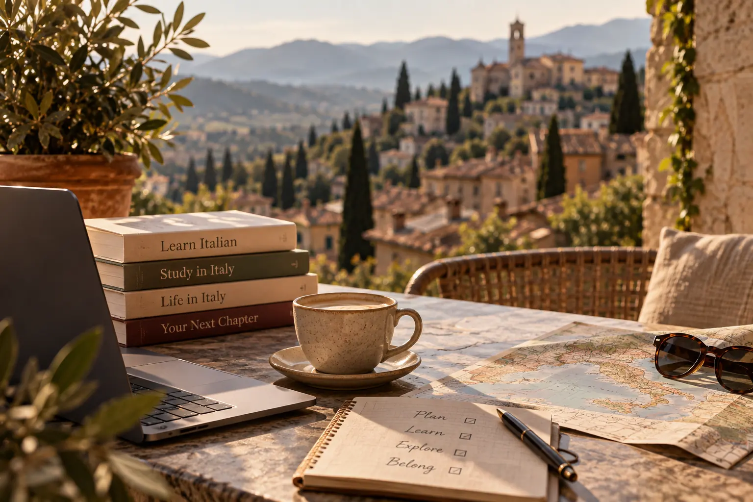 A terrace table with books, a map and a coffee, a hill town in the distance