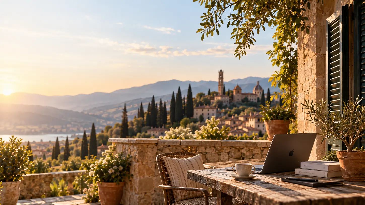 A terrace table with a laptop and books above a lake and distant hills