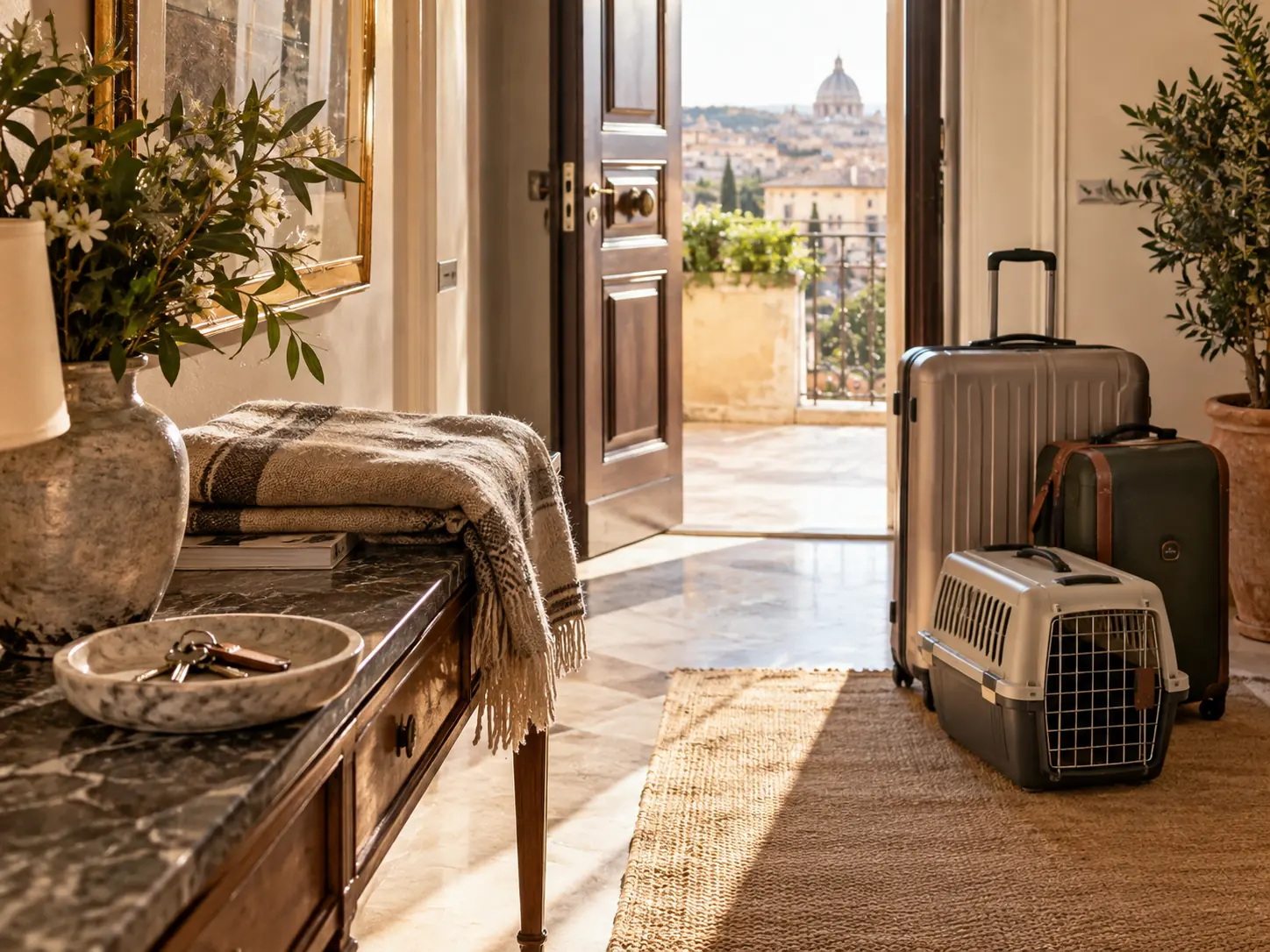 A hallway with suitcases and a pet carrier waiting by an open door