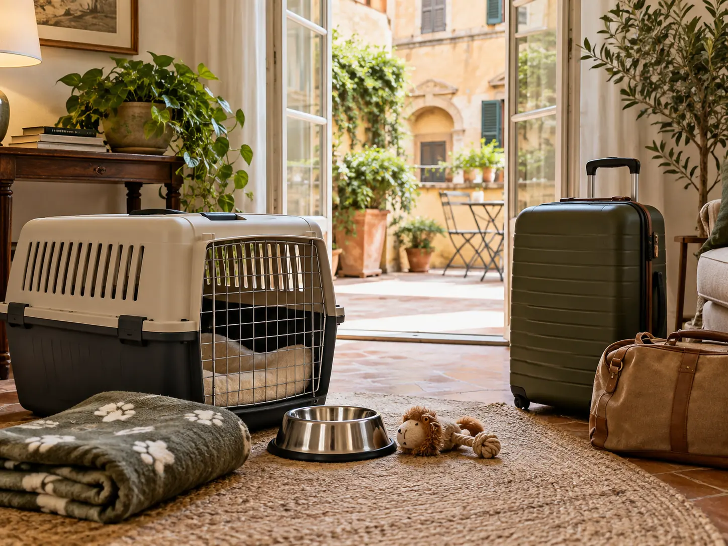 A pet carrier, luggage, a dog bowl and a folded blanket by a sunlit doorway