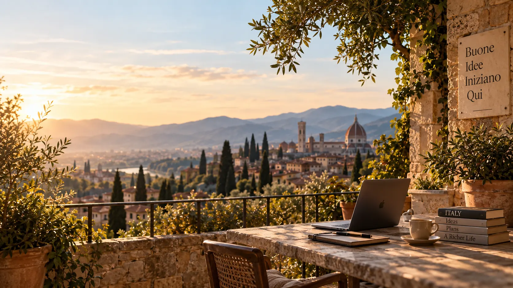 A terrace table above Florence at sunset, the Duomo rising beyond the cypresses