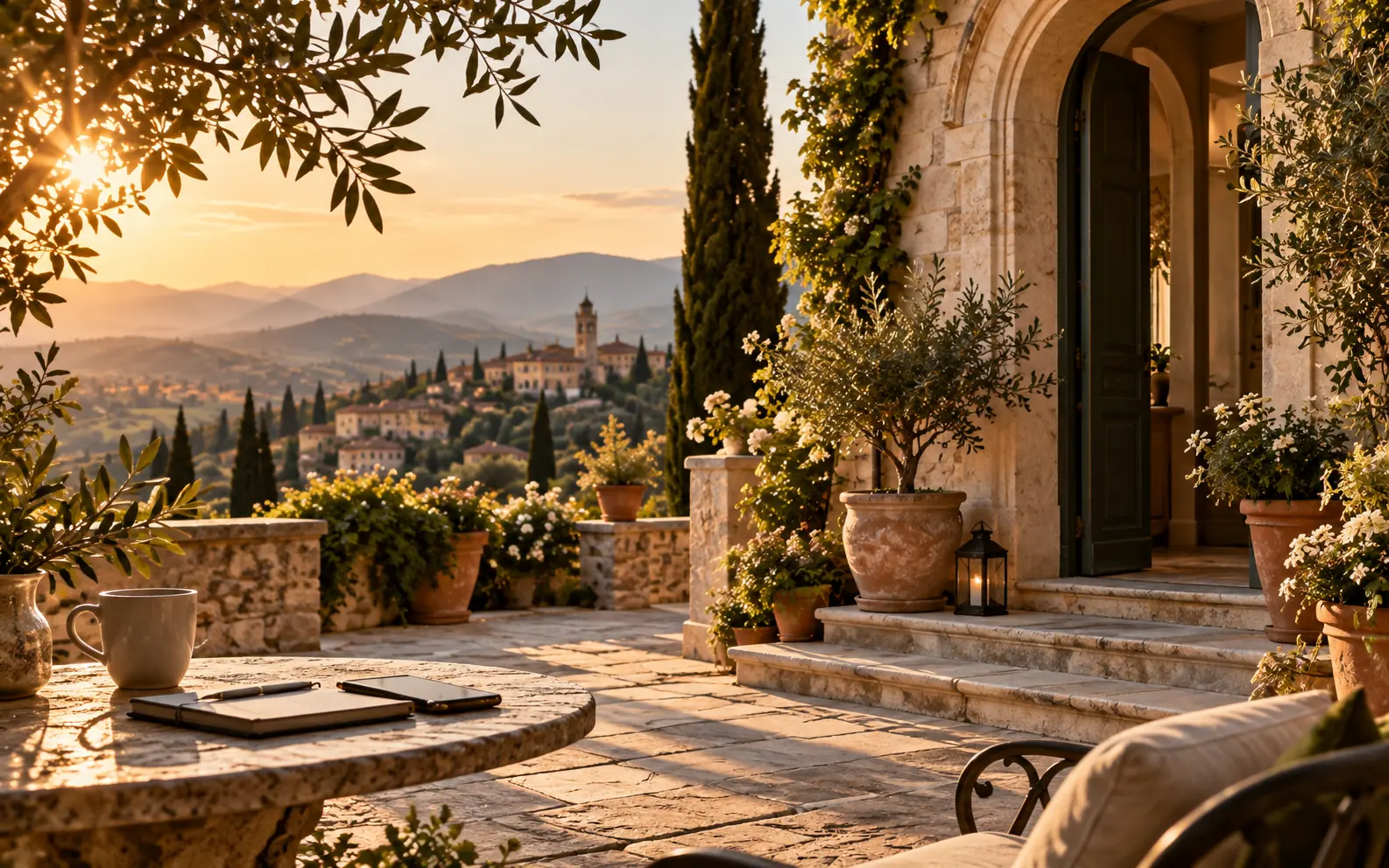 A shaded loggia looking out across a Tuscan valley of cypress trees