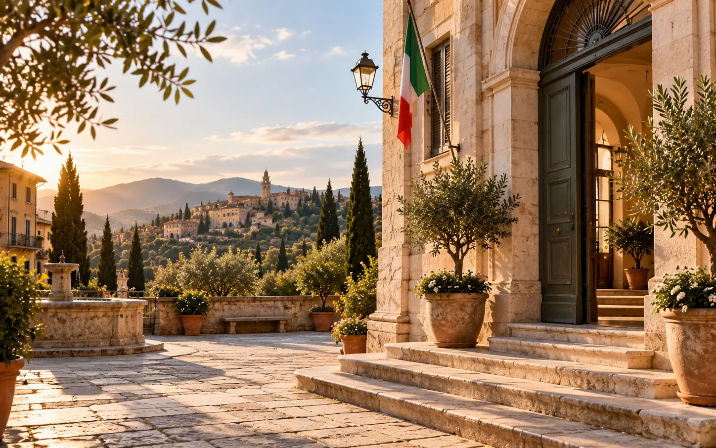 An Italian civic building with the national flag, olive trees flanking the steps