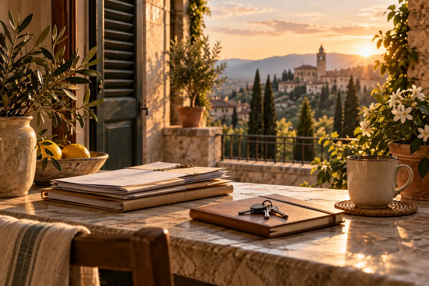 A marble ledge with stacked books and a coffee, an Italian hill town beyond