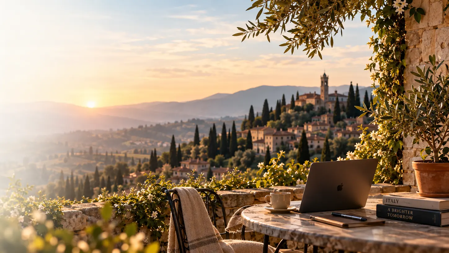 A terrace desk at sunrise overlooking an Italian hill town