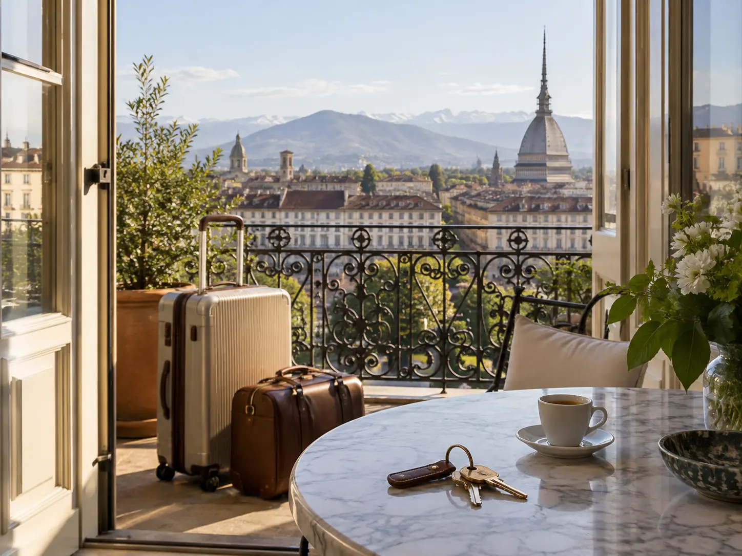 Suitcases and a coffee on a city balcony above Turin, the Mole Antonelliana beyond