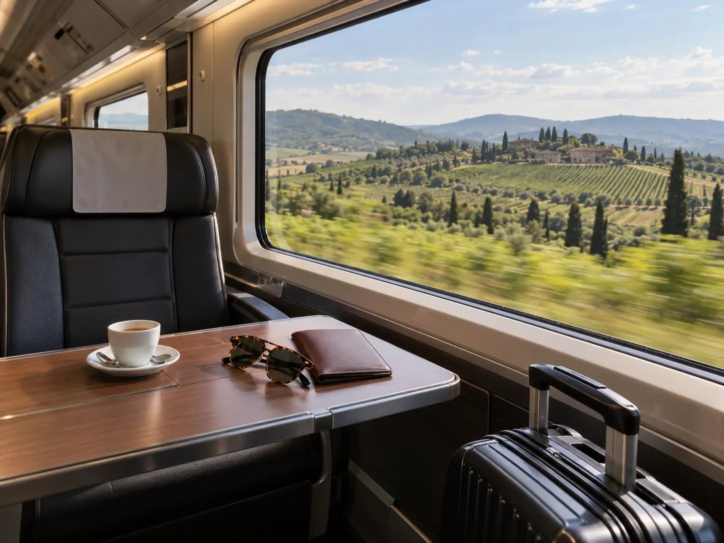 A high-speed train table with a coffee and luggage, countryside passing the window