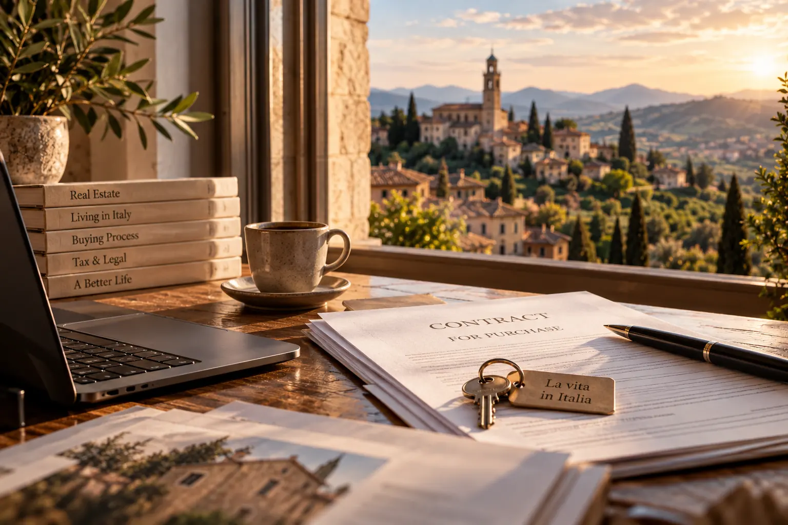 A desk with a laptop, printed documents, coffee and keys above a hill town