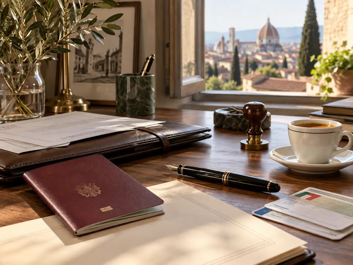 A passport, documents and a fountain pen on a desk, Florence beyond the window