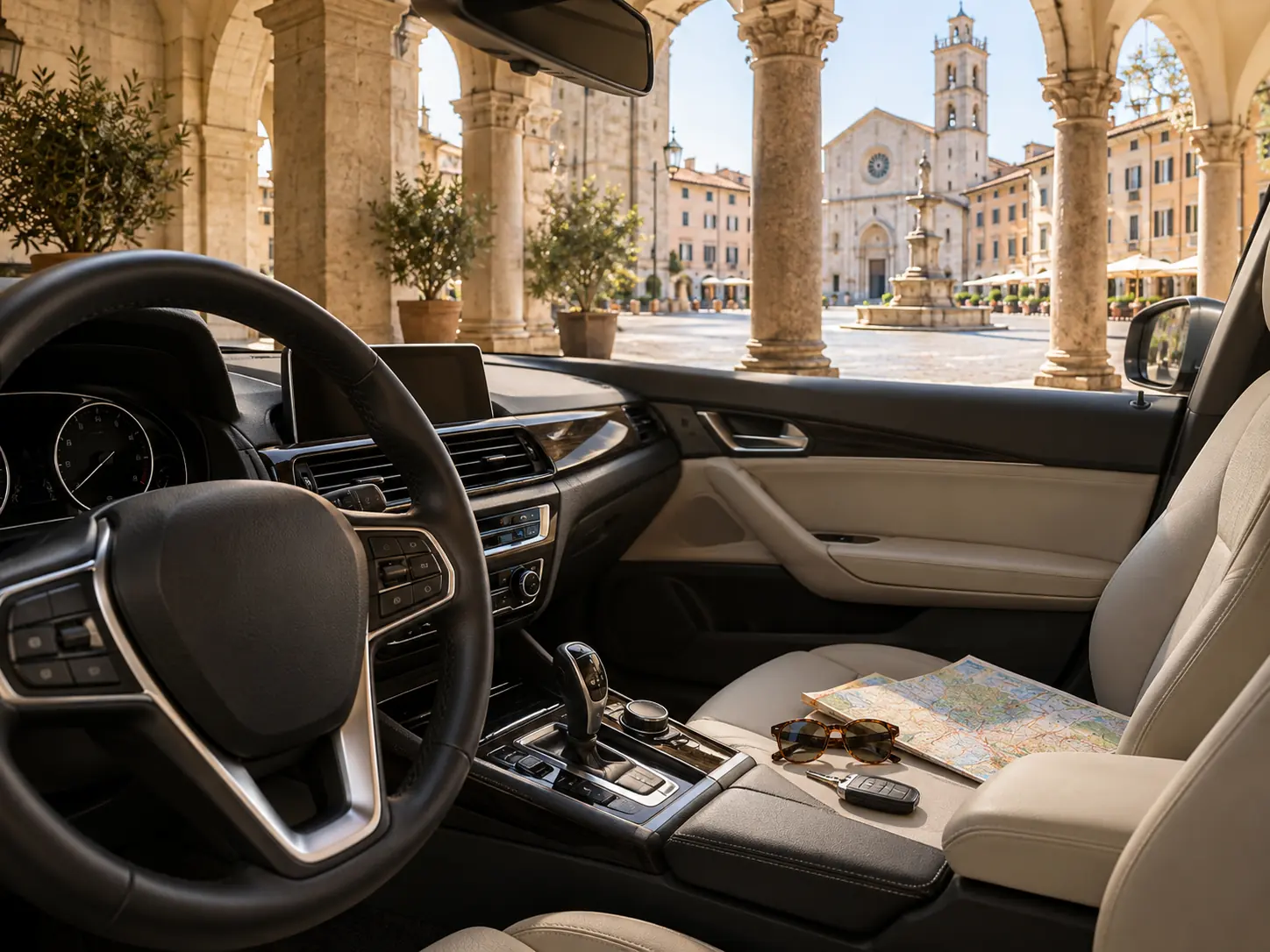 The interior of a car looking out onto a colonnaded Italian piazza