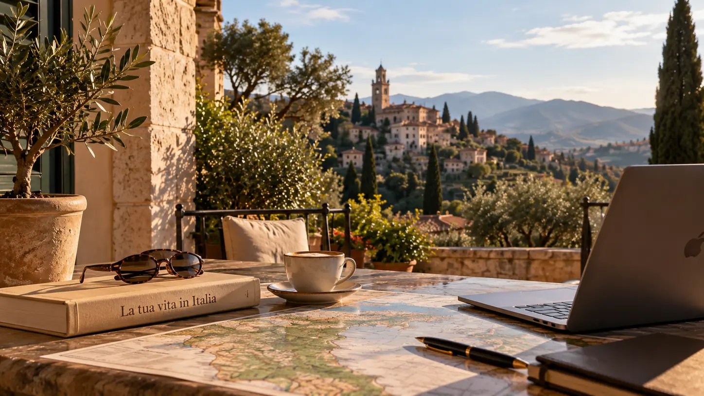 A stone terrace with a laptop and books, a hill town among the cypresses
