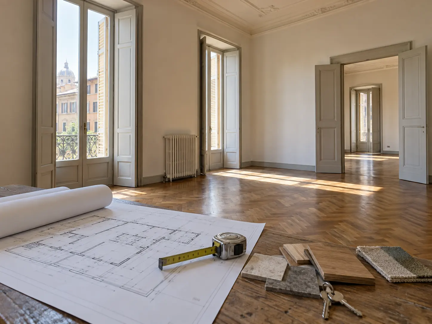 An empty apartment with a floor plan, tape measure and keys on parquet