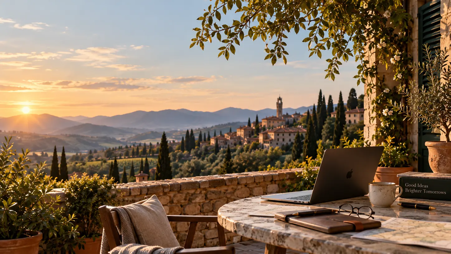 A terrace table with a laptop at sunset, cypress trees along the ridge
