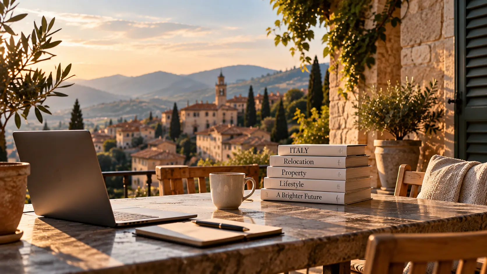 A stone terrace desk with a laptop and notebook above an Italian hill town