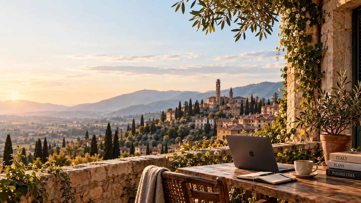 A stone terrace with a laptop and a folded blanket, hills stretching beyond