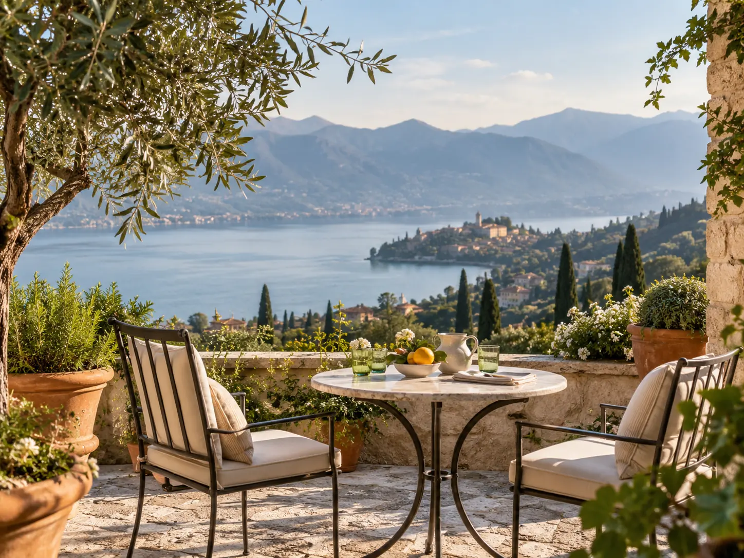 A table and chairs on a lakeside terrace, lemons ripening in the pots