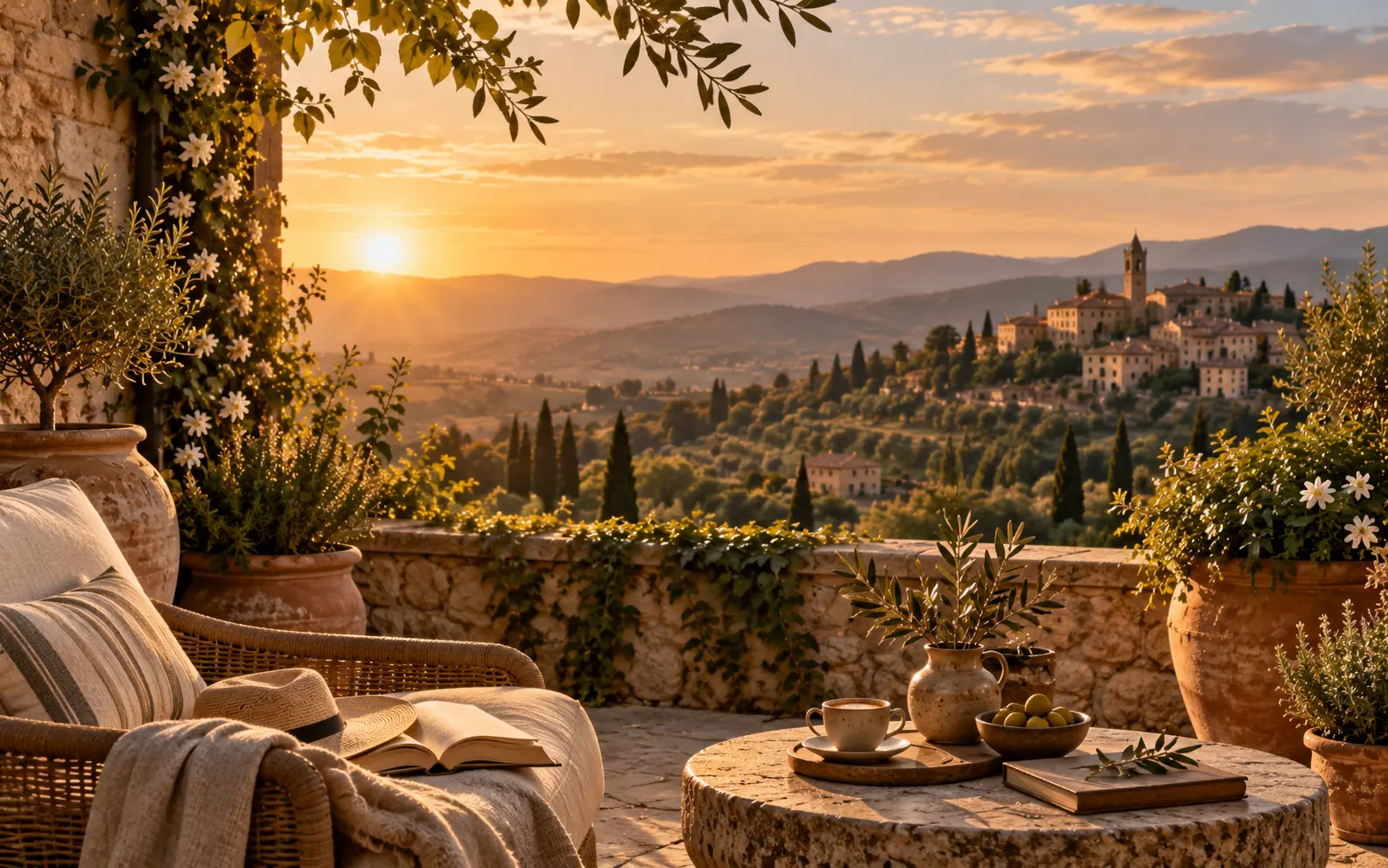 A shaded terrace with a coffee tray, the sun setting over a hill town