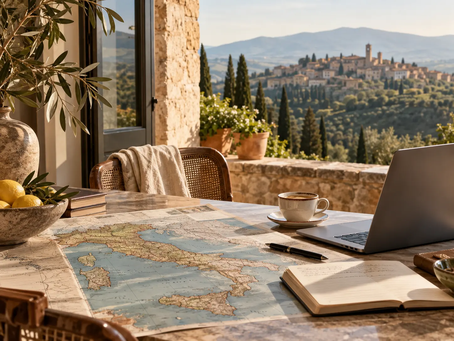 A map of Italy, an open notebook and a laptop on a terrace table