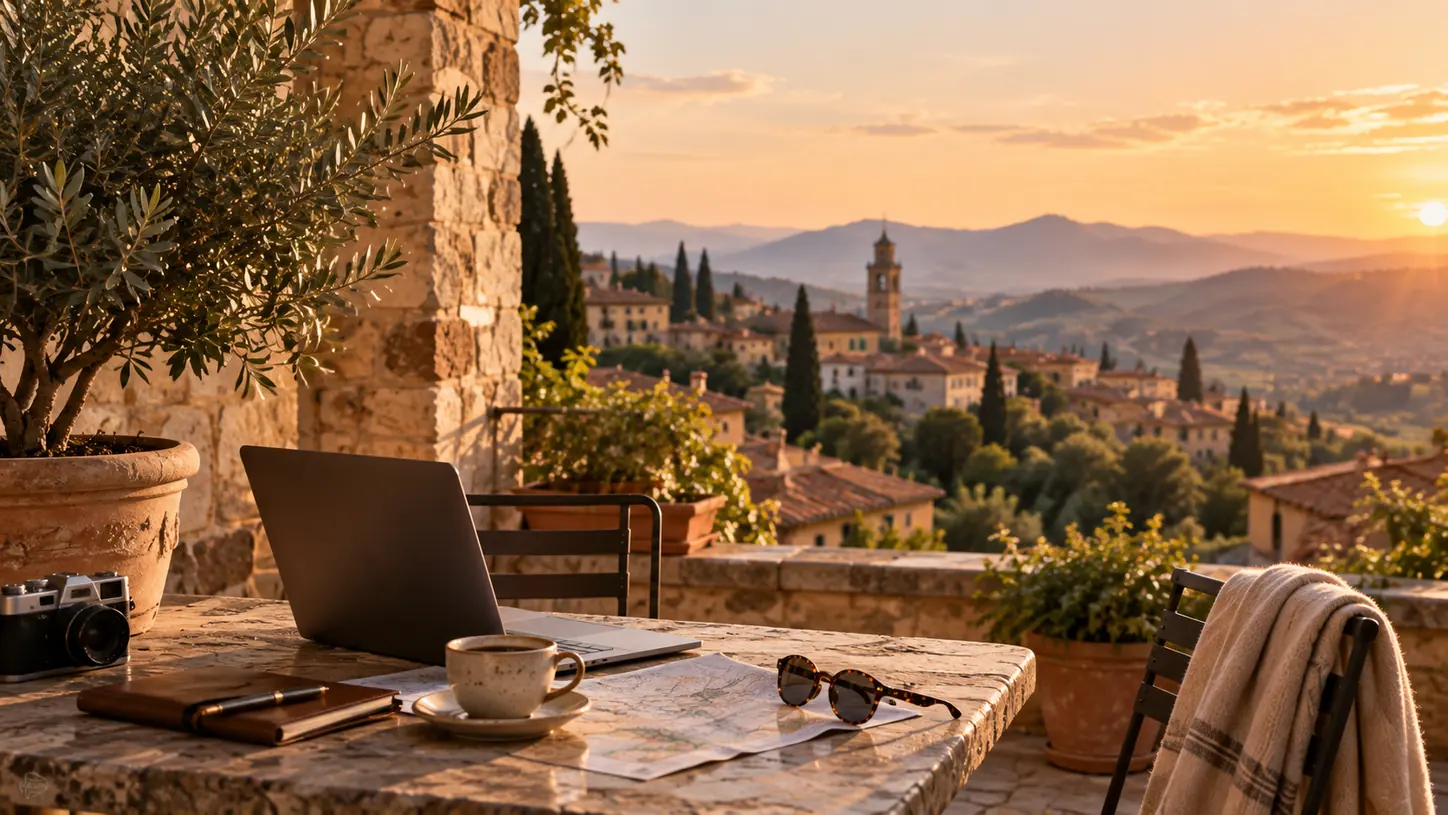 A terrace with a laptop and coffee at sunset, hills fading into the distance