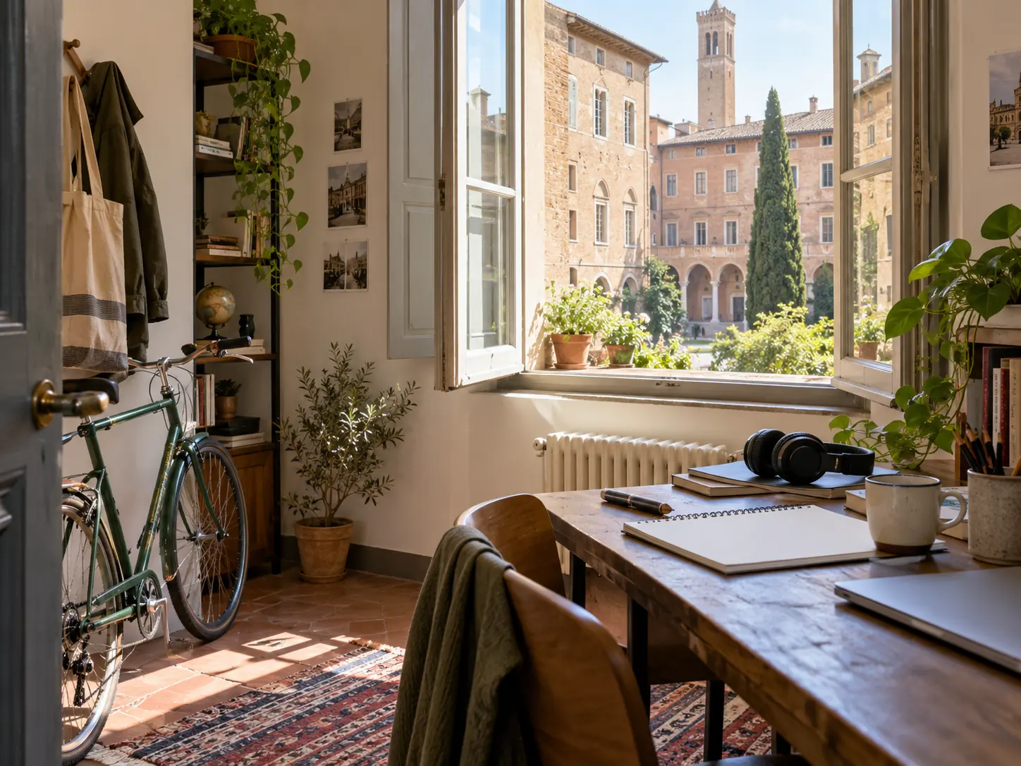 A student room with a bicycle and a tote bag, a Tuscan bell tower through the window