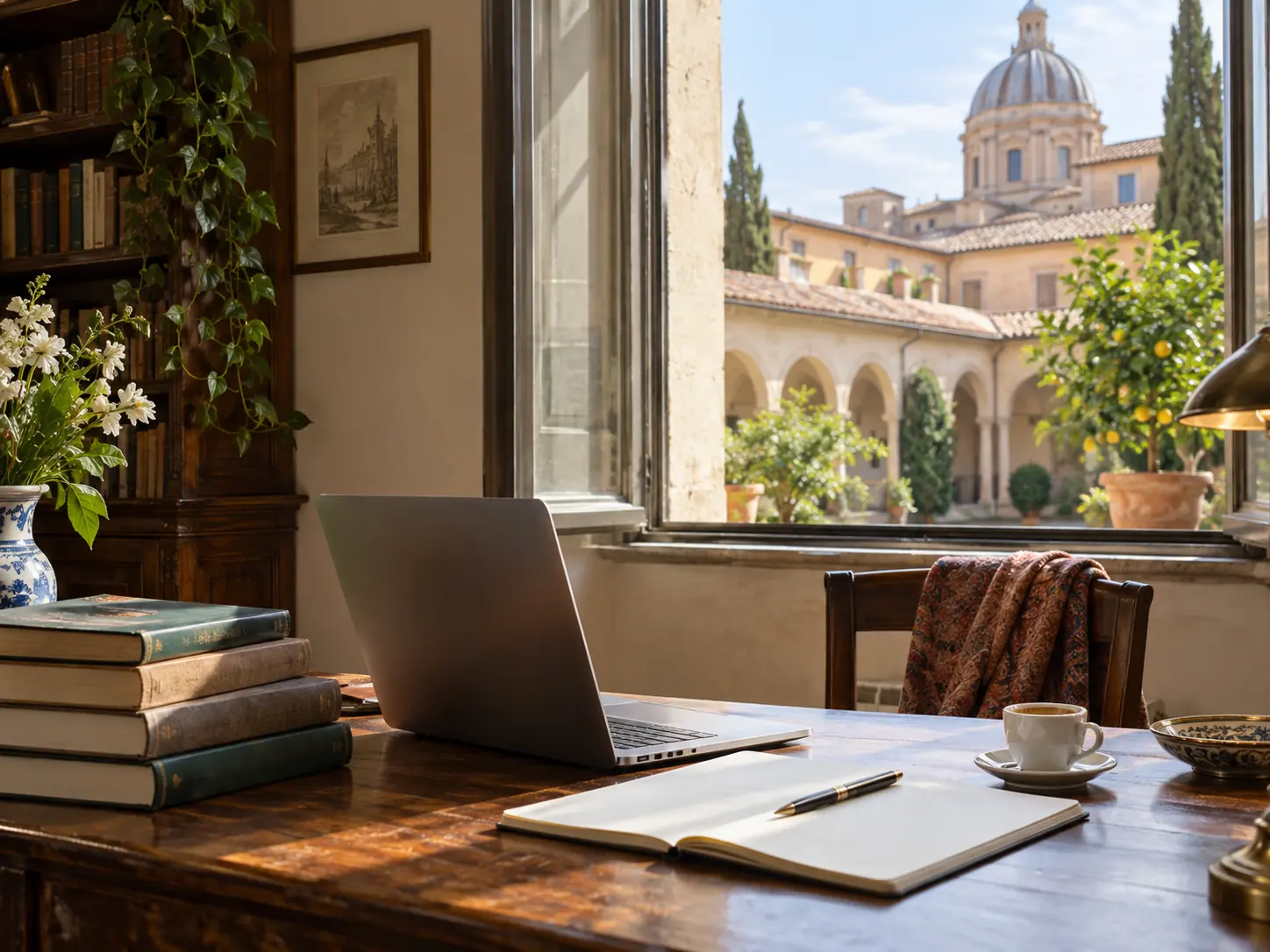 A reading desk stacked with books and a laptop, a cloistered courtyard beyond