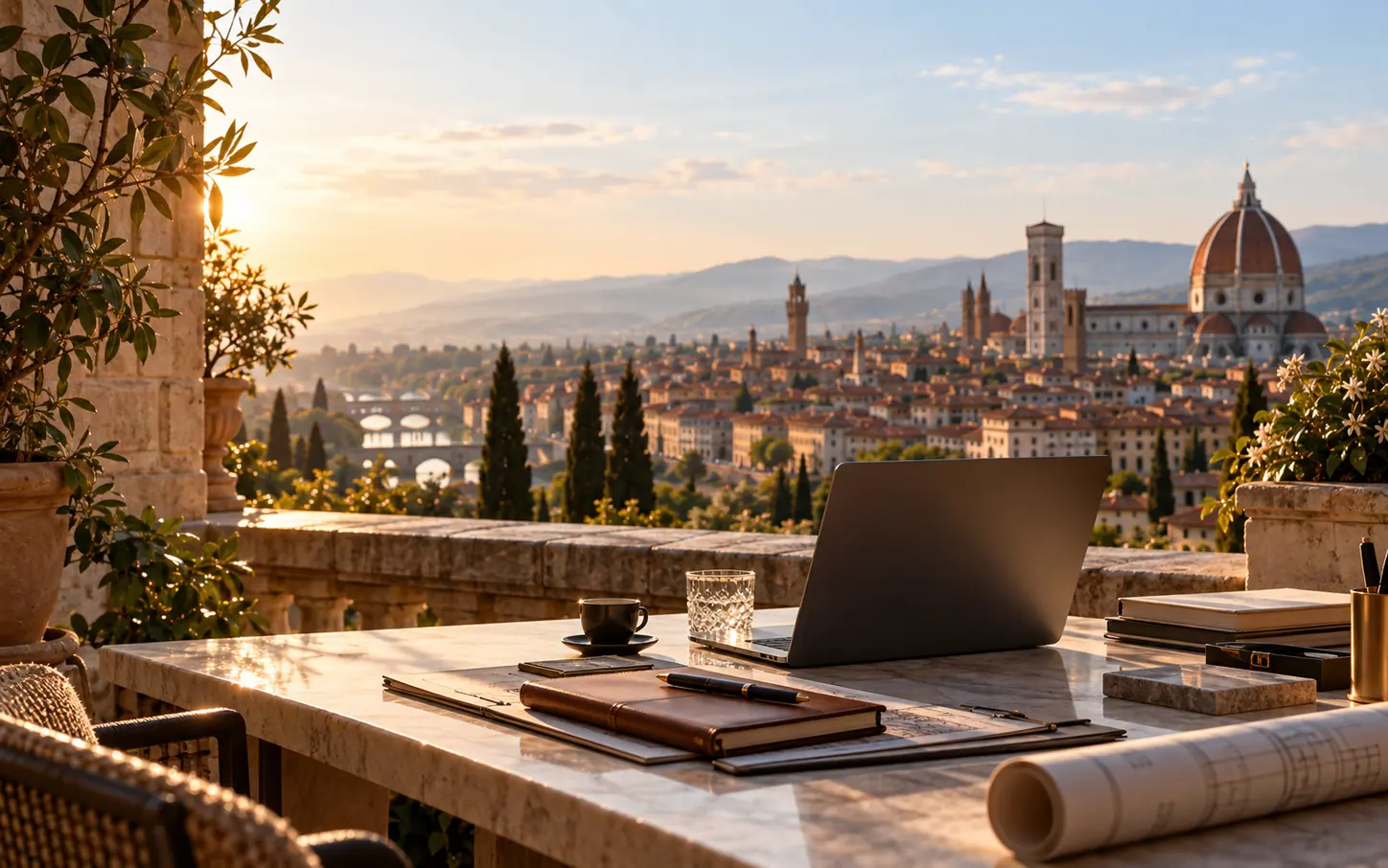 A terrace desk at sunset with Florence and the Duomo in the distance