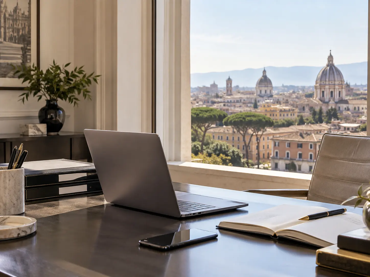 An office desk with a laptop above an Italian skyline, a cathedral dome beyond