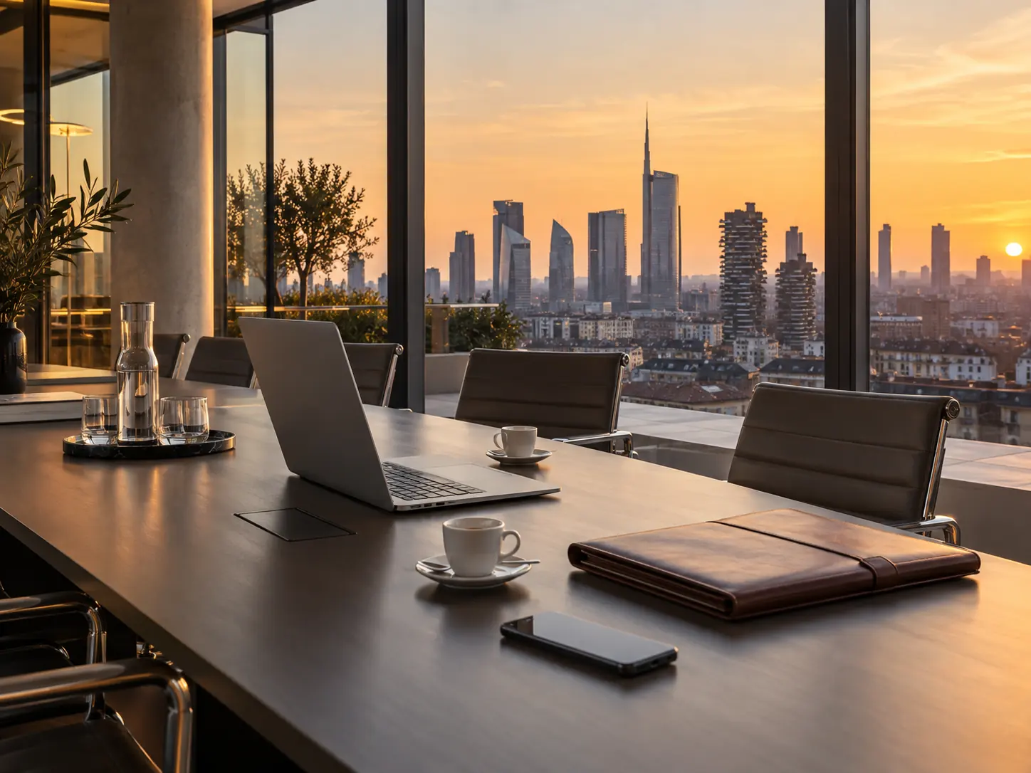 A meeting table with laptops and coffee, the Milan skyline at dusk
